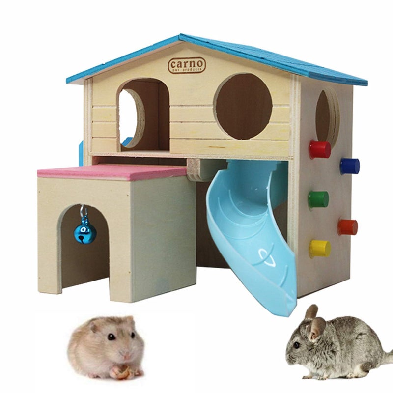 kathson Hamster House Pets Small Animal Hideout with Funny Climbing Ladder Slide Wooden Hut Play Toys Chews for Small Animals Like Dwarf Hamster and Mouse(Blue) - Image 1
